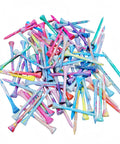 Multicolor Golf Tees Set, Bamboo Wood 100 Pack With Mixed Sizes One And A Half Inch, Two And Three Quarters Inch, Three And A Quarter Inch, Reduced Friction, Durable Shank For Longer Drives And Consistent Ball Flight, Pro Grade in a pile