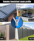Pro Grade Hand Seamer Tool for Sheet Metal shown in use on metal roofs, carports, tool sheds, and fences, highlighting seam profile.