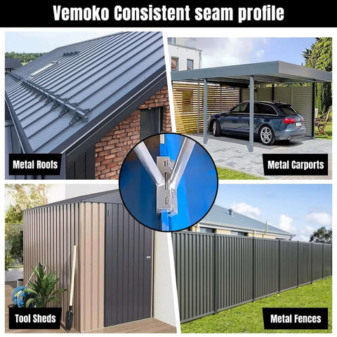 Pro Grade Hand Seamer Tool for Sheet Metal shown in use on metal roofs, carports, tool sheds, and fences, highlighting seam profile.