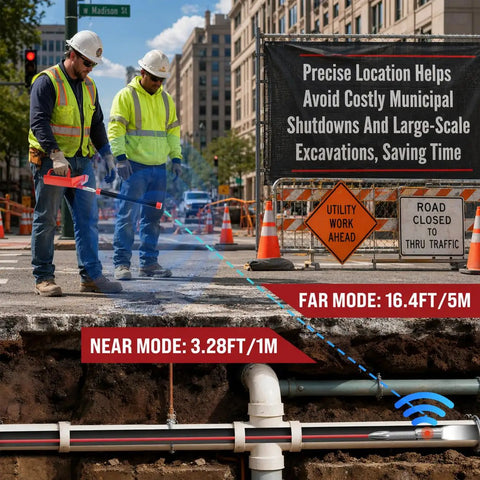 Construction workers using 512Hz Locator Kit for Sewer Inspection Camera With 512Hz Transmitter And Self Leveling Head to find pipe location