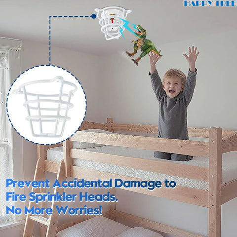 Clean White Fire Sprinkler Head Guard Cover 10 Pack Heavy Duty Ceiling Protector in a child's room with a joyful child.