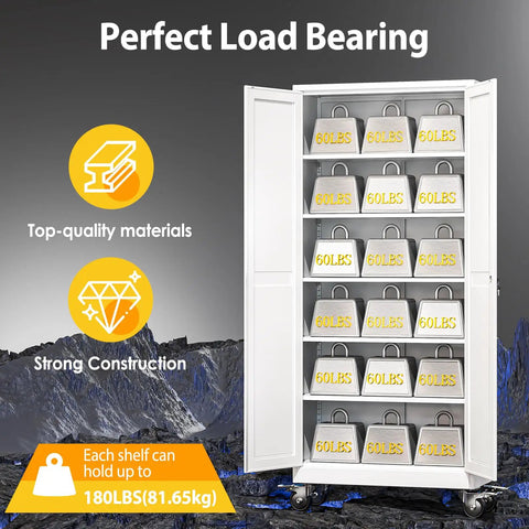 Open Heavy Duty 75 Inch Metal Garage Storage Cabinet On Wheels With Two Doors And Five Adjustable Shelves For Home Office Workshop And Warehouse White Easy Assembly holding weights