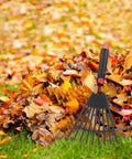 Two Piece Plastic Garden Pitchfork Rake Set With Leaf Grabber Claws For Lawn Cleanup in pile of autumn leaves