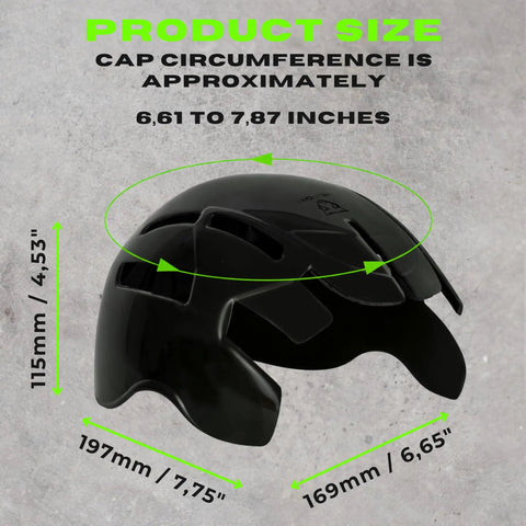 Side view of a black ventilated safety helmet shell with dimensions labeled, part of Two Pack Bump Cap Insert For Baseball Caps Ventilated Safety Helmet Shell Protective Headgear For Work Security And Outdoor Use Versatile Hat Insert That Functions As A Hard Hat Liner Cooling Cap Shaper And Everyday Safety Gear.