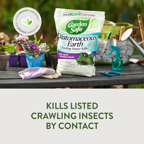 Crawling Insect Killer With Diatomaceous Earth For Organic Home Garden Use Kills Cockroaches Ants And Other Listed Insects On Contact Indoors And Outdoors Four Pound Bag on garden table.