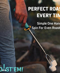 Person using extra long rotating marshmallow roasting stick with retractable handle for campfire cooking
