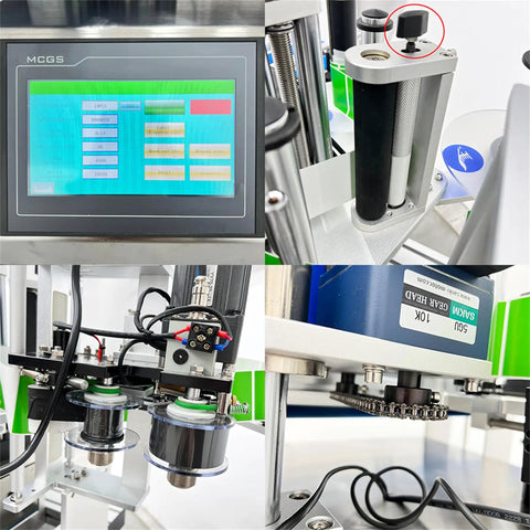No Sweat High Speed Automatic Desktop Conveyor Round Bottle Label Applicator 110V display and mechanical components close-up.