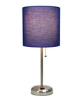 Brushed Steel Desk Lamp With Built In Charging Outlet And Drum Fabric Shade, Slim Modern Table Light In Gray For Home Or Office