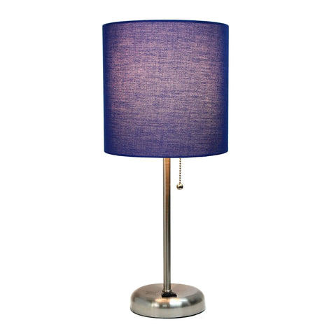Brushed Steel Desk Lamp With Built In Charging Outlet And Drum Fabric Shade, Slim Modern Table Light In Gray For Home Or Office