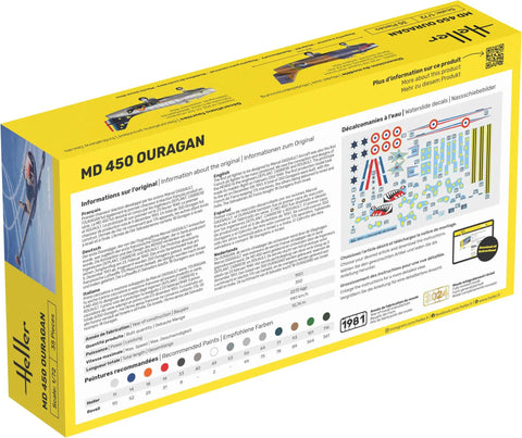 Back of MD 450 Ouragan 1/72 Scale Model Kit box showing decals and painting references for French and Israeli Air Force.