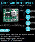 Graphic showing Compact MP1584EN DC-DC Buck Converter Module Adjustable Power Supply features and potentiometer details
