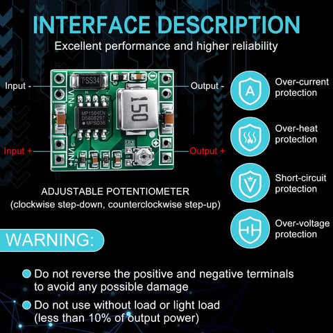 Graphic showing Compact MP1584EN DC-DC Buck Converter Module Adjustable Power Supply features and potentiometer details