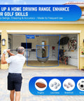Golfer using 10 By 10 Ft Golf Net With Target Pocket For Home Practice And Multi Sport Training setup in garage