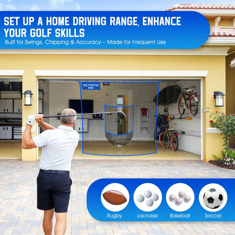 Golfer using 10 By 10 Ft Golf Net With Target Pocket For Home Practice And Multi Sport Training setup in garage