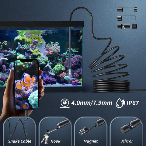 1920P HD Endoscope Camera With Light And 8 Adjustable LEDs, SemiRigid Snake Borescope For Tight Spaces, 16.4ft Cable, 7.9mm Probe, 2.0MP Clear Video For iOS And Android in aquarium view