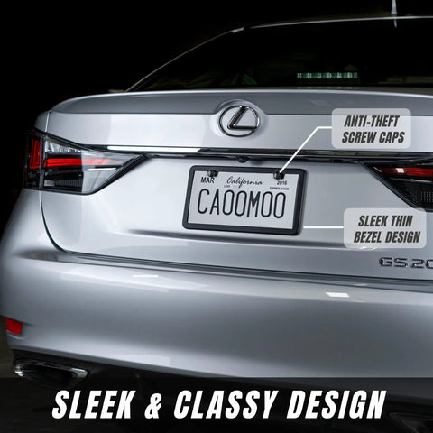 Slim Black Matte Aluminum License Plate Frame Set With Screw Caps Will Not Block Tags on silver car rear
