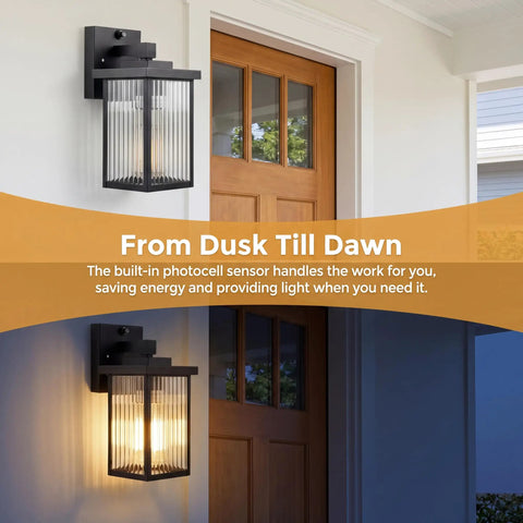Set And Forget Dusk To Dawn Wall Mount Porch Light With Auto Photocell Sensor on exterior wall near a wooden door.