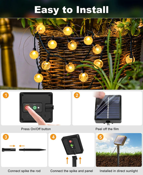 Two Pack Outdoor Solar String Lights Waterproof 98 Feet Total 100 LED Solar Powered Patio Lighting With Eight Modes Crystal Globe Decor setup guide
