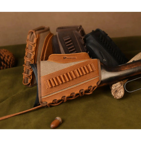 Rugged Leather And Canvas Gun Buttstock Cheek Rest Riser With Shell Holder For Scoped Rifle Brown Color One Inch Cheek Pad