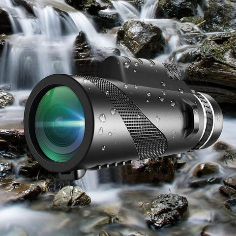80x100 High Power Monocular Telescope With Smartphone Adapter For Grownups High Definition Clear View For Wildlife Bird Watching Travel Camping And Hiking Ideal For Outdoors Black, black monocular in wet outdoor scene