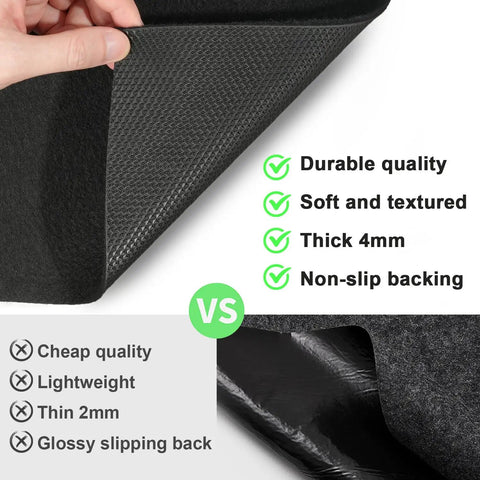 Comparison of a durable, heavy-duty absorbent mat with a non-slip backing versus a lightweight, thin mat with a glossy backing.