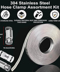 304 stainless steel hose clamp assortment kit with 32.81 ft adjustable band and 20 strong fasteners visible in coiled roll
