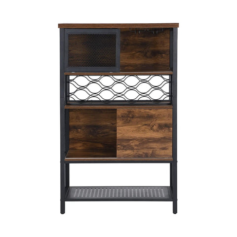 Built Different Industrial Bar Cabinet Featuring Dedicated Wine Rack For Stashing Liquor And Glassware Perfect For Kitchen Sideboards Or Entryway Organizers That Bring Serious Style - front view with wooden and metal finish.