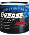 Front view of GreaseCo HeavyDuty wheel bearing grease tub with red color lithium-based automotive lubricant