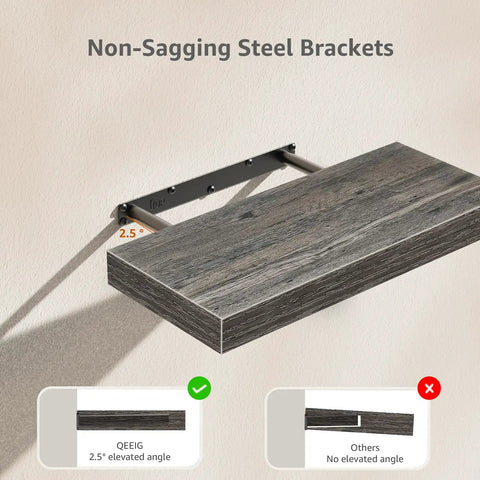 Floating Wall Shelves Set Of 2 For Bathroom Over Toilet, showing non-sagging steel brackets with dope farmhouse gray MDF shelf