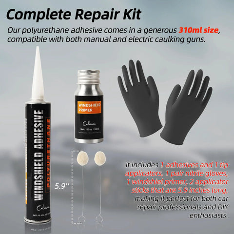 Urethane Windshield Adhesive 310ml Auto Polyurethane Sealant Kit shown with primer, gloves, and applicator sticks for car glass repair