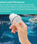 GripNex SP1056 spring-loaded hydrostatic relief valve, white plastic, held by hand over a pool.