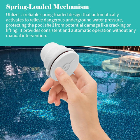 GripNex SP1056 spring-loaded hydrostatic relief valve, white plastic, held by hand over a pool.