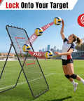 Volleyball Rebounder Net 7x4ft Two Net System With 5 Angle Adjustable Frame in use by female player for spike practice outdoors.