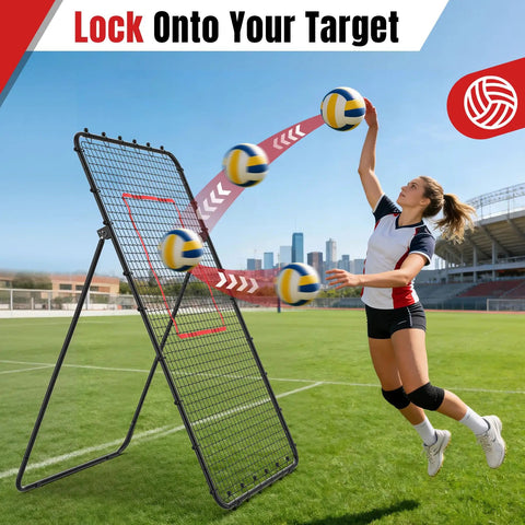 Volleyball Rebounder Net 7x4ft Two Net System With 5 Angle Adjustable Frame in use by female player for spike practice outdoors.