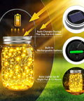 Mason Jar Solar Lights Set Of 12 With 30 LED Fairy Lights demonstrating solar charging and warm white glow, jars not included