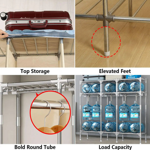Heavy Duty Canvas Wardrobe Closet, Steel Frame, Long Hanging Bar & Storage Shelves, Portable Fabric Clothes Organizer for Bedroom, Dorm & Apartment