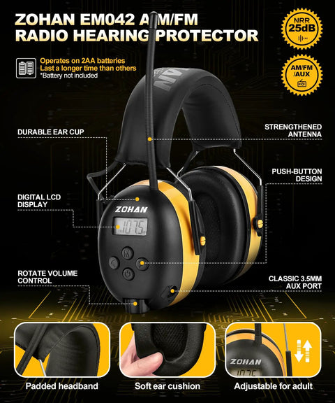 AM FM Radio Headphones With Digital Display, Noise Reduction Earmuffs, All Day Comfort Hearing Protection, Built In Radio Receiver, A Real Workhorse For Work Or Travel, Bright Yellow