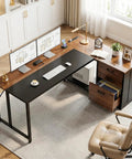 61 Inch L Shaped Desk With Wood Drawers And Lockable File Cabinet Reversible 21.7 Inch Deep Corner Computer Desk With Built In Power Outlets Walnut Finish Boss Home Office Executive Desk, showing spacious workspace and modern elements in a home office setting.