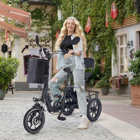 Three Wheel Electric Trike For Adults With 500W Peak Brushless Motor Foldable Ebike 480Wh Removable Battery Easy Step Through Frame Two Seats Up To 45 Miles Stable Senior Friendly Ride Gift For Parents, woman seated on black trike
