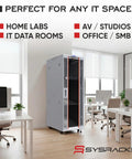 32U Server Rack Cabinet With 19 Inch Network Enclosure Layout 35 Inch Deep Floor Standing Data Chassis in a modern office space.