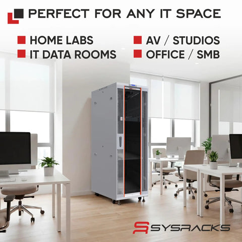32U Server Rack Cabinet With 19 Inch Network Enclosure Layout 35 Inch Deep Floor Standing Data Chassis in a modern office space.