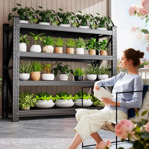 Beefy 5000 Lbs Capacity Heavy Duty Garage Shelving System With 4 Adjustable Tiers, Metal Storage Racks For Garage Basement Warehouse, 69 W x 24 D x 64 H Black, Sturdy And Versatile, plant display with potted greenery