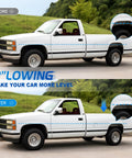 Truck before and after installation of Beefy 2 To 3 Inches Rear Suspension Drop Shackle Kit For Leaf Springs, showing lower stance.
