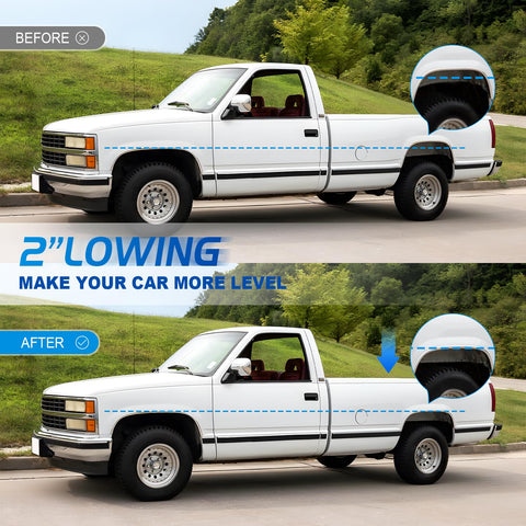 Truck before and after installation of Beefy 2 To 3 Inches Rear Suspension Drop Shackle Kit For Leaf Springs, showing lower stance.
