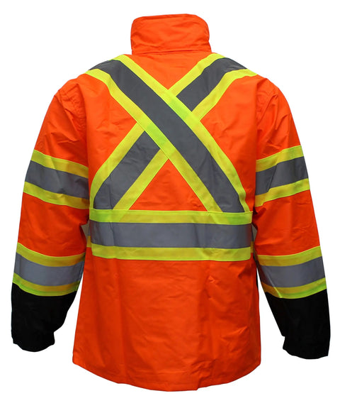 Back view of High Visibility Rain Suit With Jacket And Pants Class 3 ANSI ISEA 107 2015 Orange XL Waterproof Oxford Shell