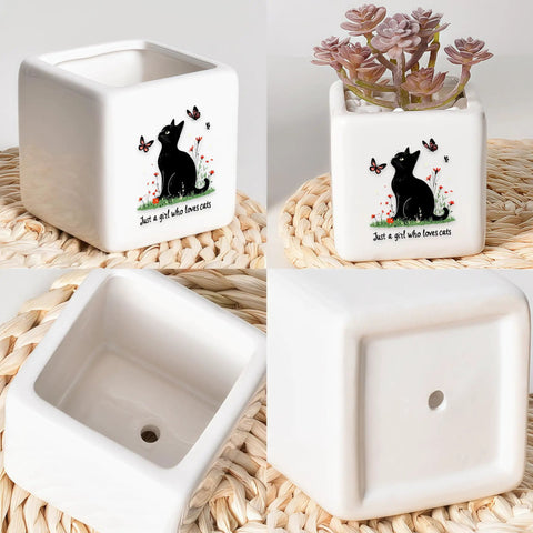 Black Cat Ceramic Succulent Planter With Drainage Hole For Small Plants Cute Kitty Face Pot showing side and top view