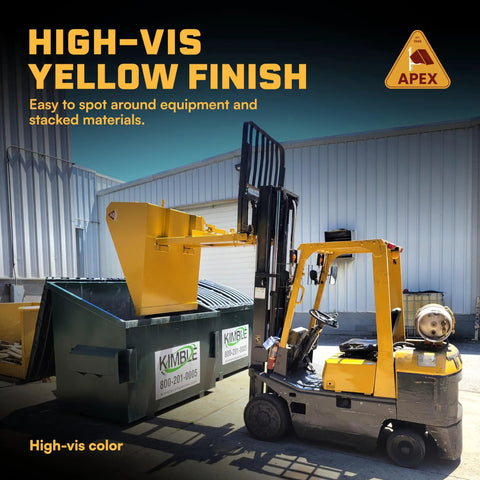Heavy Duty Front Loading Forklift Bucket Half Cubic Yard Capacity 45 Inch Wide Self Dumping Scoop for moving raw yard fill into dumpster.
