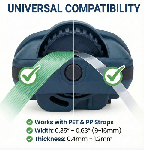 Heavy Duty Portable Electric Strapping Machine With Bright Digital Display And Dual 4000 mAh Batteries For Pet Pp Banding Tools, showing compatibility with PET and PP straps.