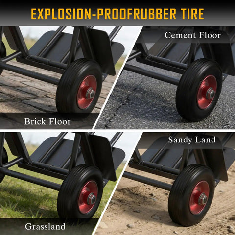 Beefy Heavy Duty Hand Truck With 600 Lb Capacity Steel Construction Two Wheel Dolly With Solid Rubber Tires on various surfaces