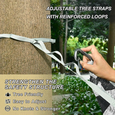 Close-up of adjustable tree-friendly straps in use for Zebra Inspired Camping Hammock With Tree Straps And Travel Bag Easy Setup No Knot Straps Ultra Thickened Durable 500 Pound Capacity Portable Single Hammock For Outdoor Camping Backyard Patio And Indoor Use.